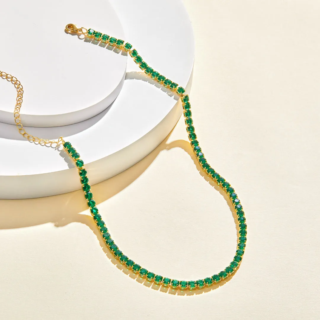 14K Gold Diamond Tennis Necklace CZ Baguette Tennis Chain- Round Green CZ