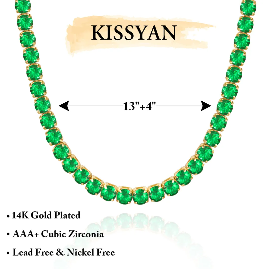 14K Gold Diamond Tennis Necklace CZ Baguette Tennis Chain- Round Green CZ