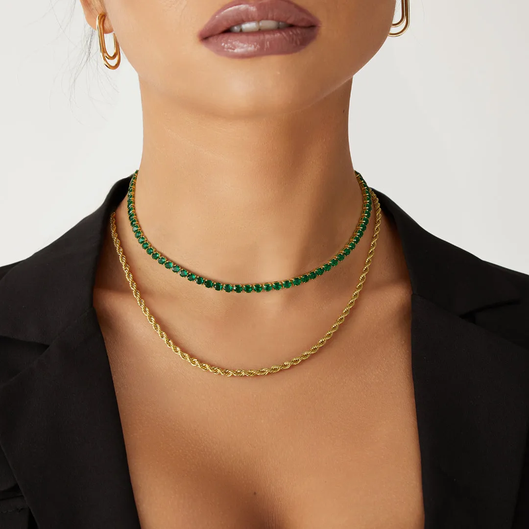 14K Gold Diamond Tennis Necklace CZ Baguette Tennis Chain- Round Green CZ