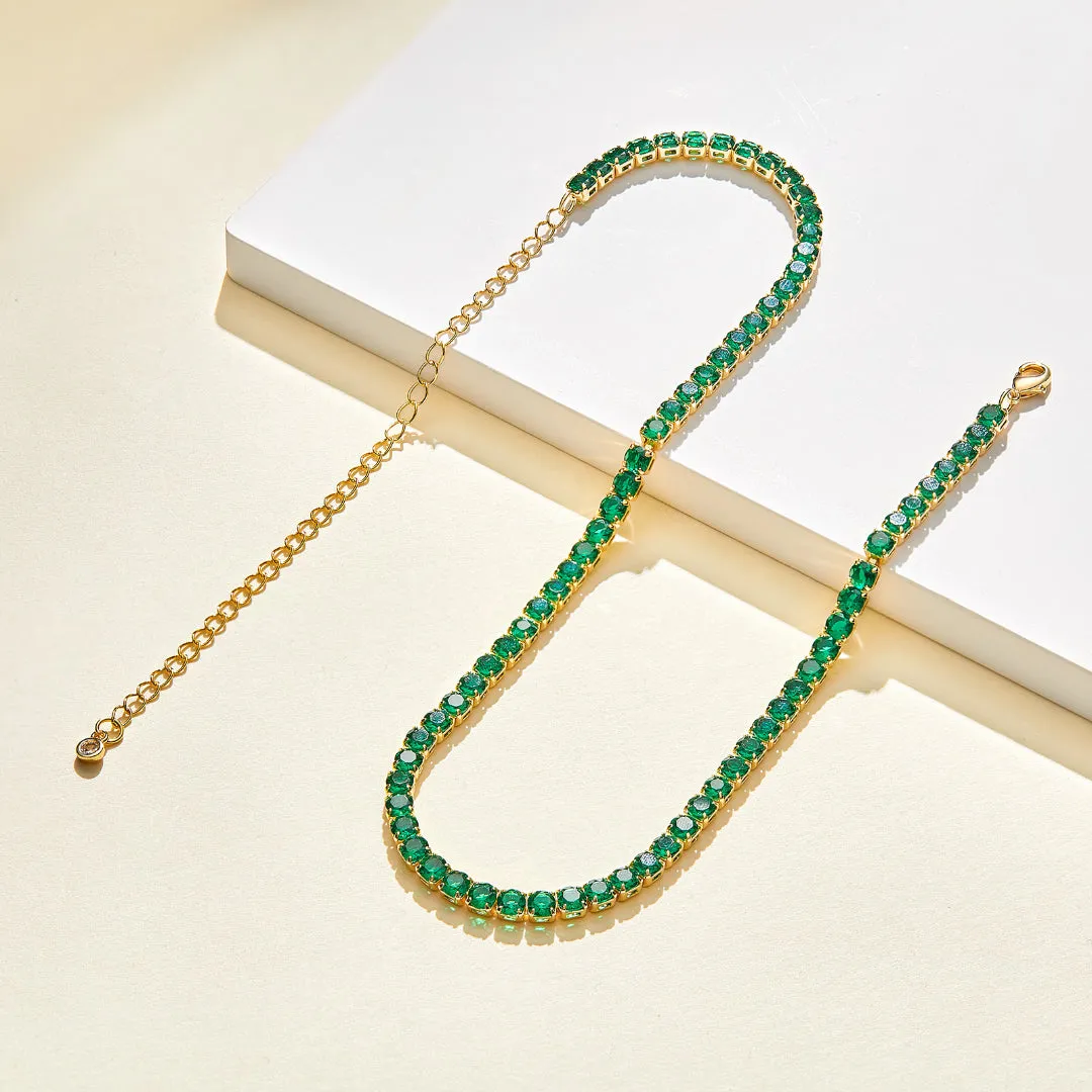 14K Gold Diamond Tennis Necklace CZ Baguette Tennis Chain- Round Green CZ