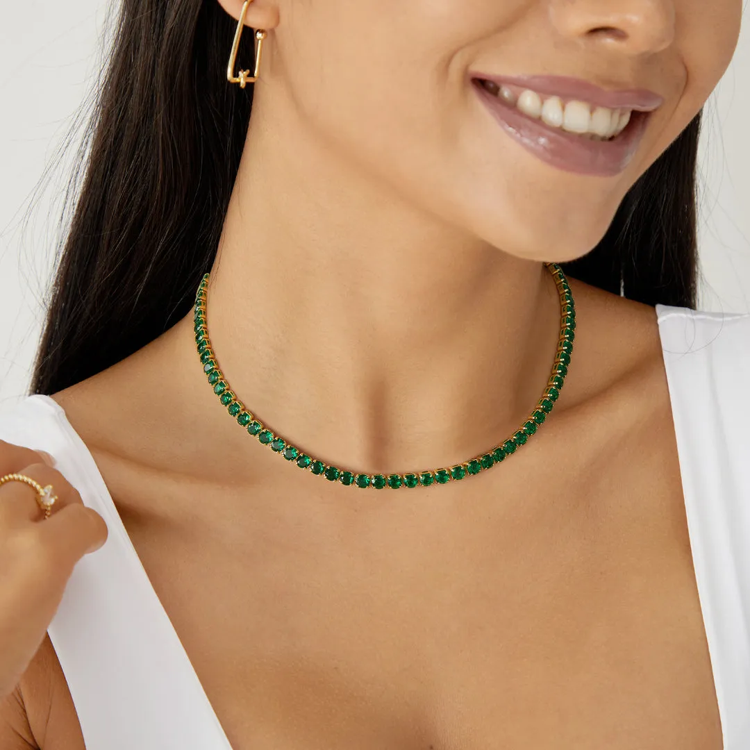 14K Gold Diamond Tennis Necklace CZ Baguette Tennis Chain- Round Green CZ