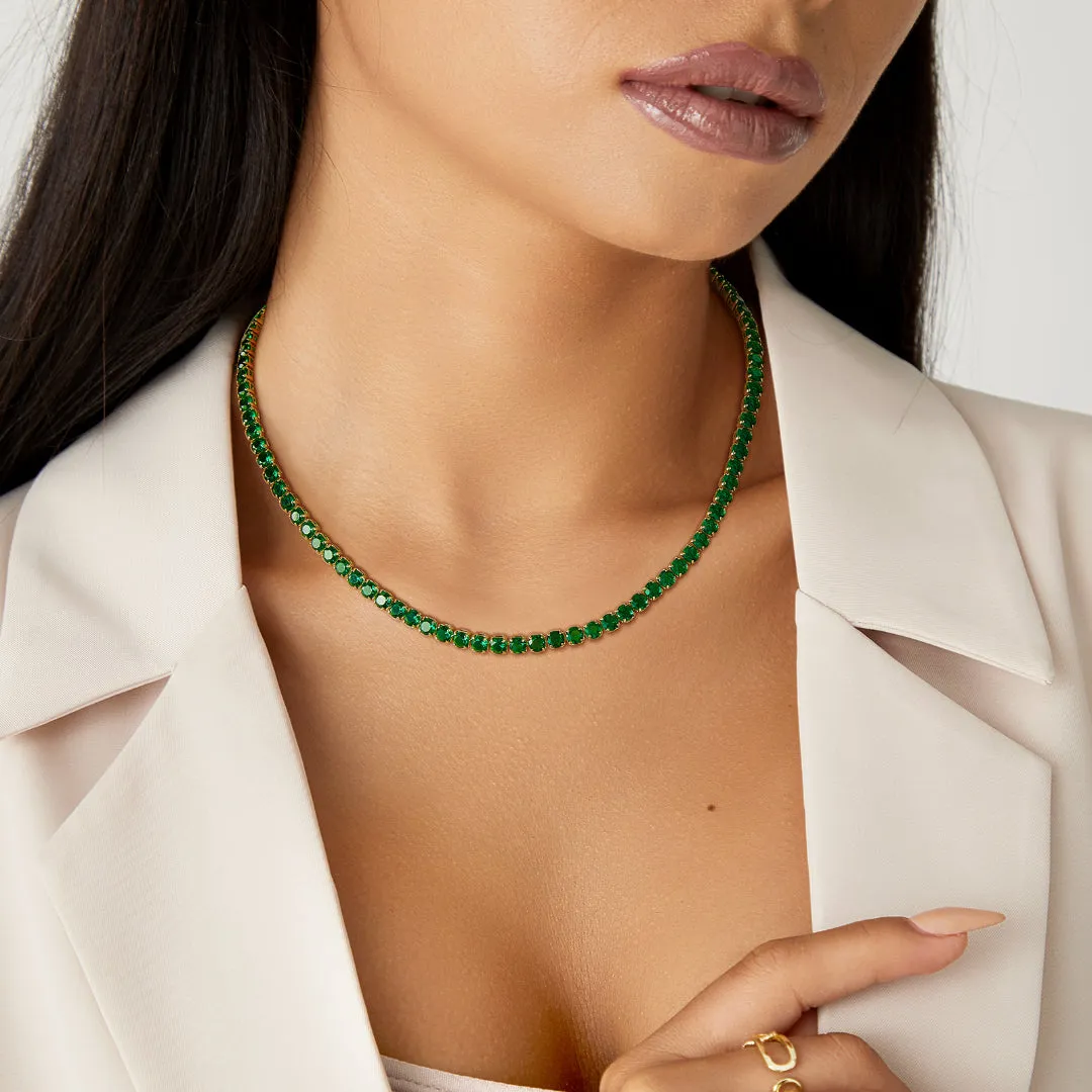 14K Gold Diamond Tennis Necklace CZ Baguette Tennis Chain- Round Green CZ
