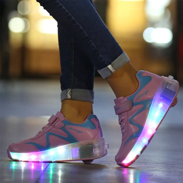 786 LED Light Ultra Light Rechargeable Double Wheel Roller Skating Shoes Sport Shoes, Size : 35(Pink)
