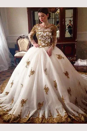 Ball Gown Ivory Long Sleeves Tulle Wedding Dresses with Gold Appliques