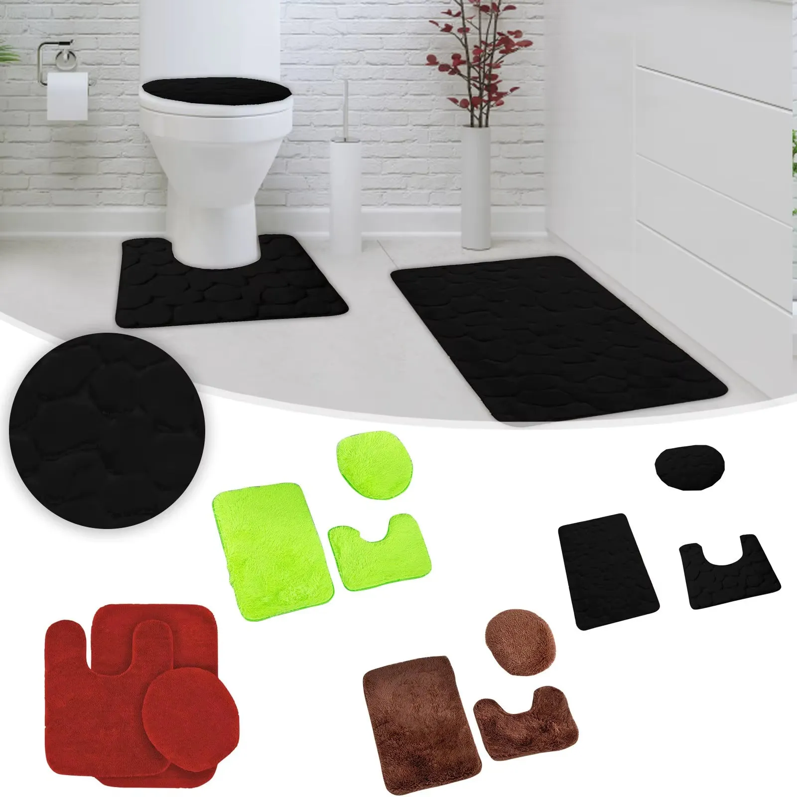Bathroom Decorative Rug Set of 3, Chenille Plush Large Rug, Rug and Toilet Seat Cover with Non-Slip Rubber Backing Bathroom