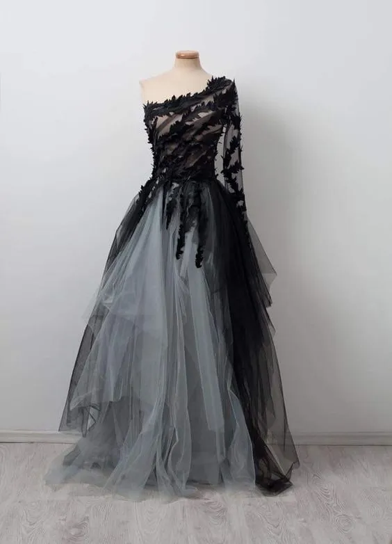 Black Ball Gown Wedding Dresses Tulle one shoulder Wedding Gown Unique prom dress  cg11090
