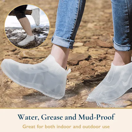 ComfiTime Waterproof Shoe Covers - Shoe Covers for Rain, Non-Slip TPE Rubber Material Stronger than Silicone, Durable and Reusable Shoe Protectors Covers for Men, Women and Kids Indoor/Outdoor, White, S