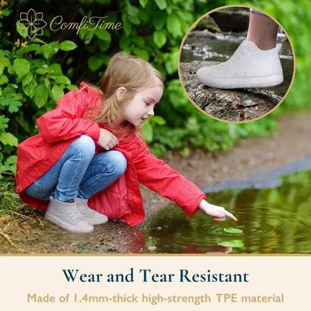 ComfiTime Waterproof Shoe Covers - Shoe Covers for Rain, Non-Slip TPE Rubber Material Stronger than Silicone, Durable and Reusable Shoe Protectors Covers for Men, Women and Kids Indoor/Outdoor, White, S