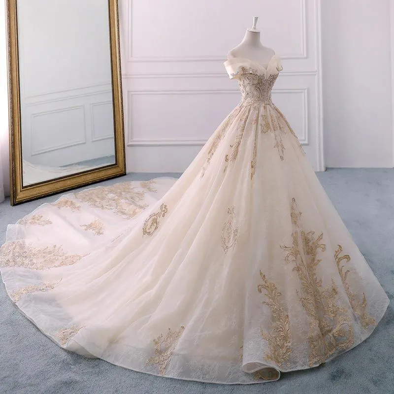 Gorgeous Off the Shoulder Ball Gown Wedding Dress, Long Appliques Bridal Dress N1528