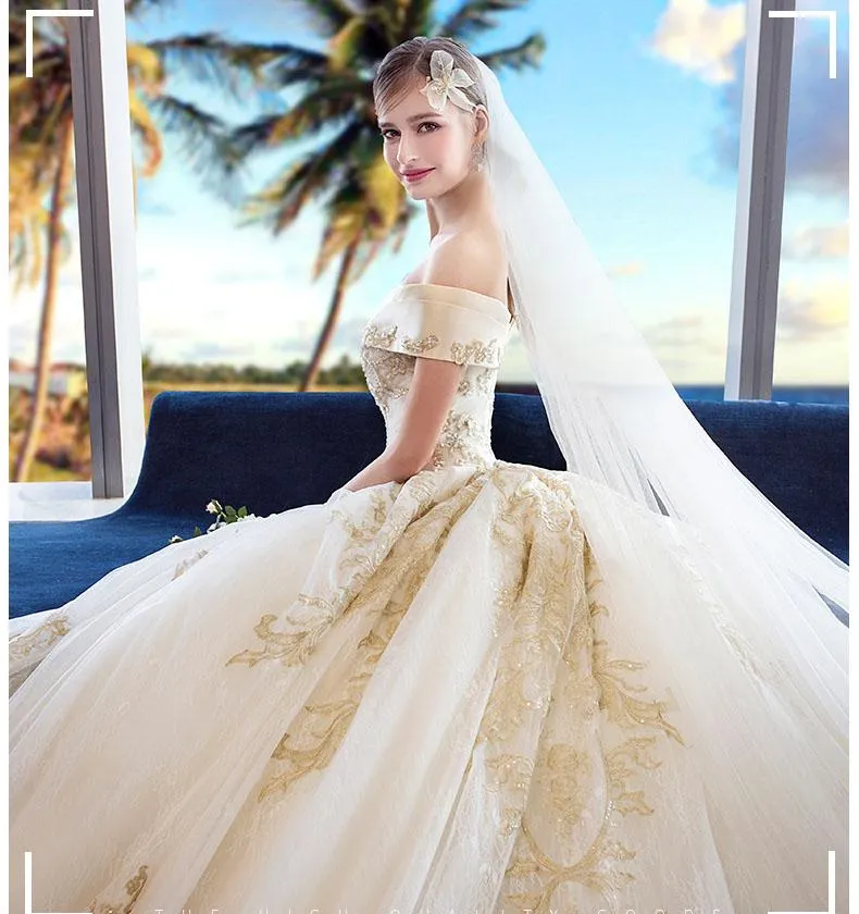 Gorgeous Off the Shoulder Ball Gown Wedding Dress, Long Appliques Bridal Dress N1528