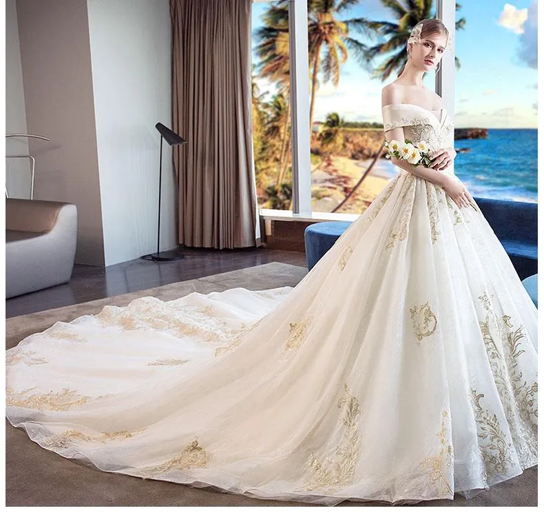 Gorgeous Off the Shoulder Ball Gown Wedding Dress, Long Appliques Bridal Dress N1528