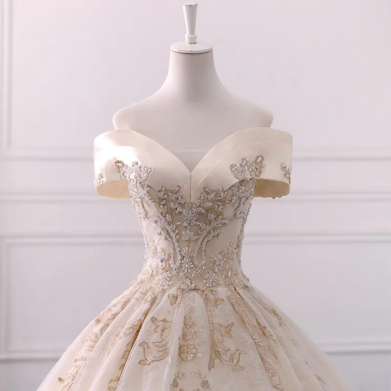 Gorgeous Off the Shoulder Ball Gown Wedding Dress, Long Appliques Bridal Dress N1528