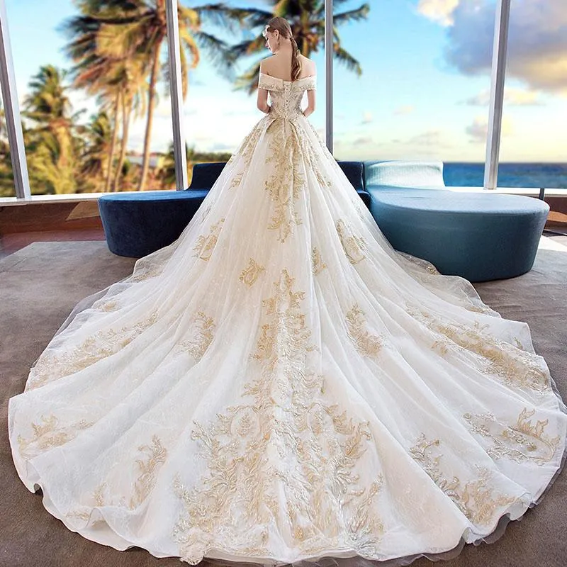 Gorgeous Off the Shoulder Ball Gown Wedding Dress, Long Appliques Bridal Dress N1528