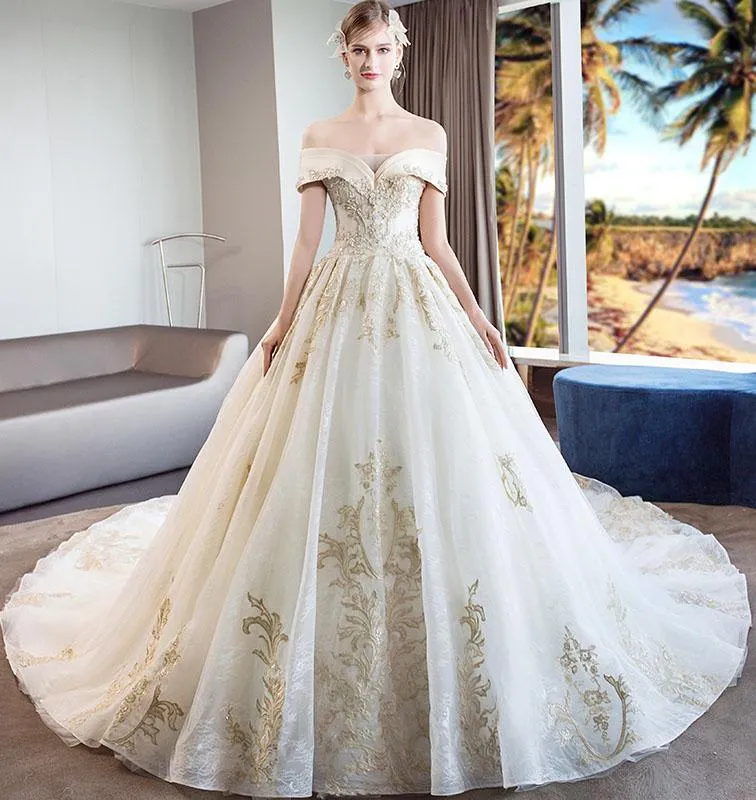 Gorgeous Off the Shoulder Ball Gown Wedding Dress, Long Appliques Bridal Dress N1528