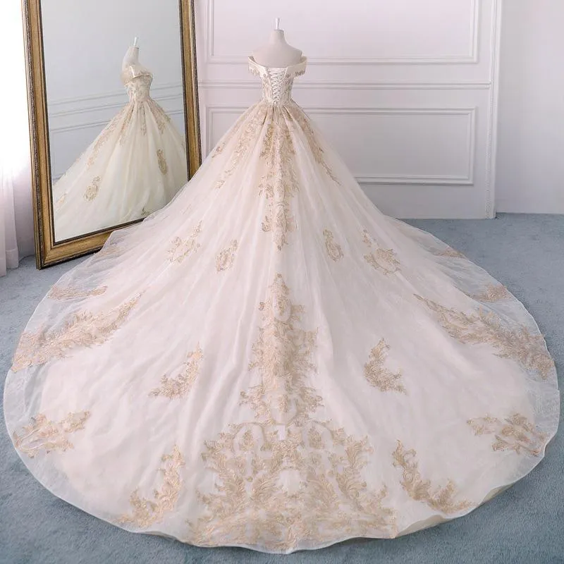 Gorgeous Off the Shoulder Ball Gown Wedding Dress, Long Appliques Bridal Dress N1528
