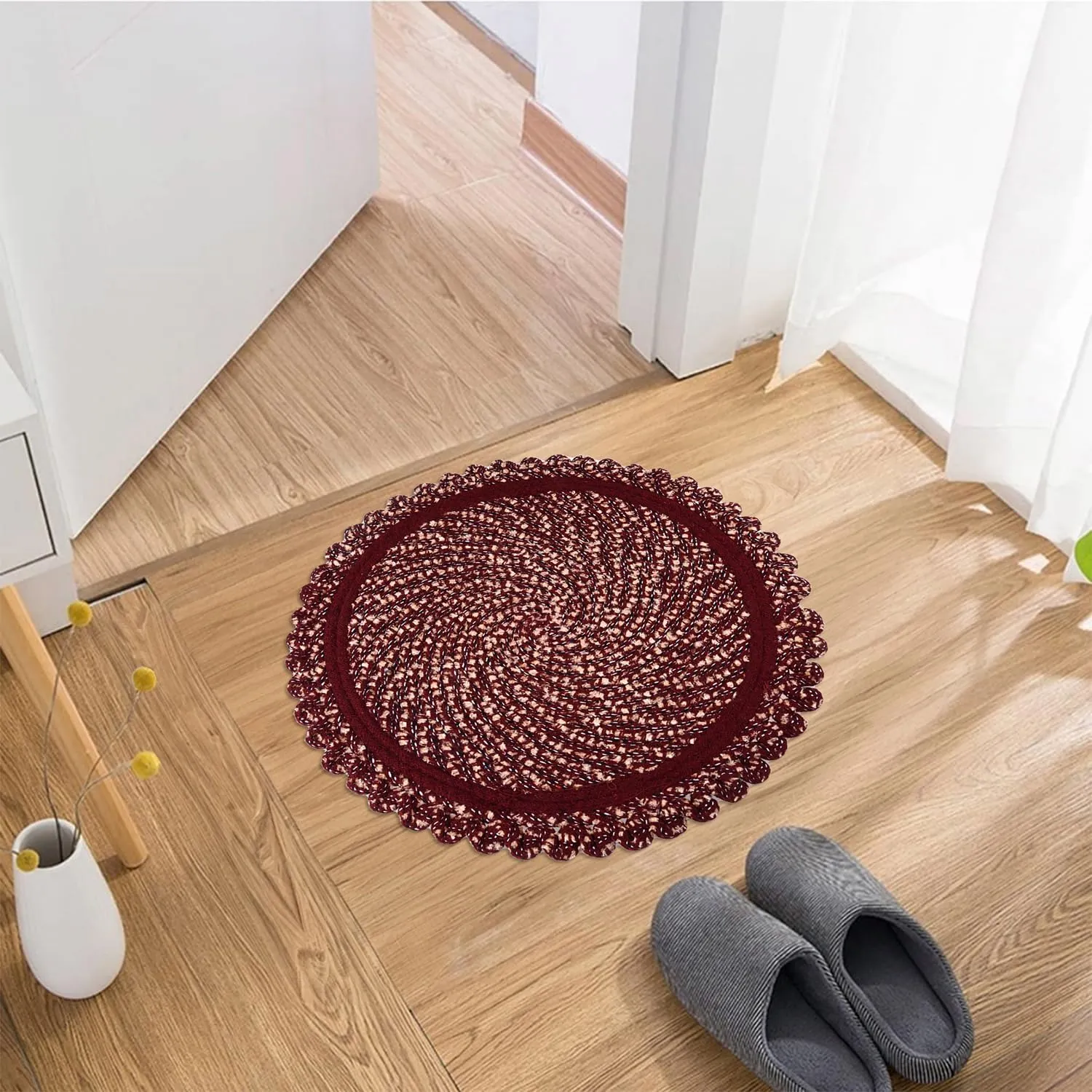 Heart Home Door Mat | Round Shape Feather Door Mat | Cotton Reversible Mat | Door Mat for Kitchen | Door Mat for Home | 20 Inch | Large | Maroon