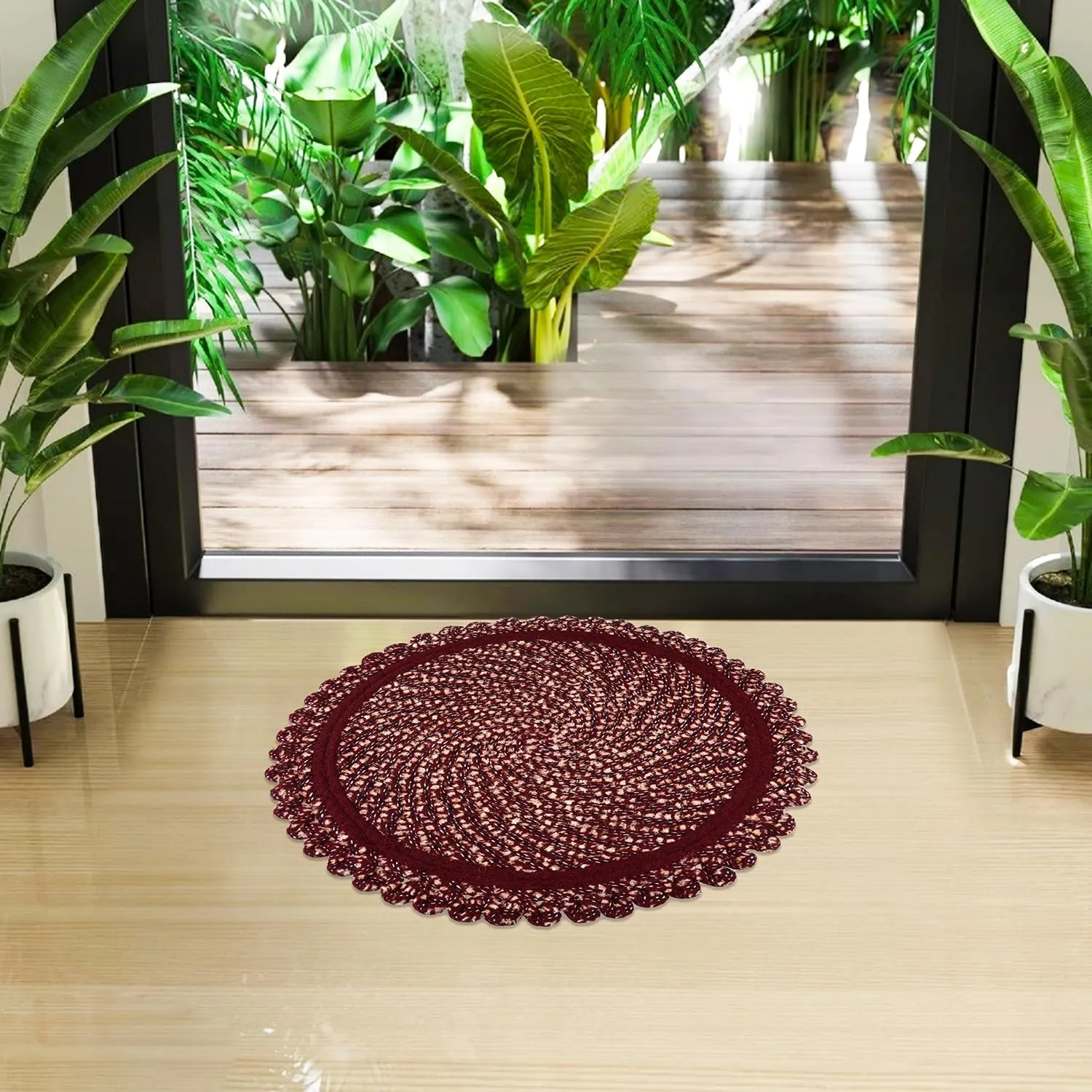 Heart Home Door Mat | Round Shape Feather Door Mat | Cotton Reversible Mat | Door Mat for Kitchen | Door Mat for Home | 20 Inch | Large | Maroon