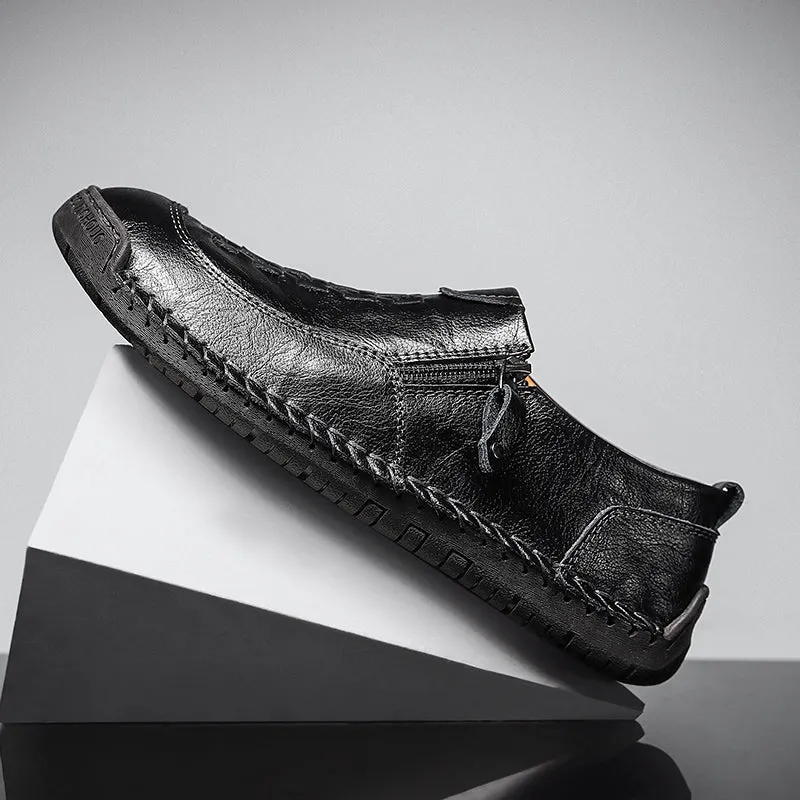 Mens Leather Comfortable Shoes Hand Stitching Zipper Non-Slip Casual Shoes Loafer Boat Sneaker