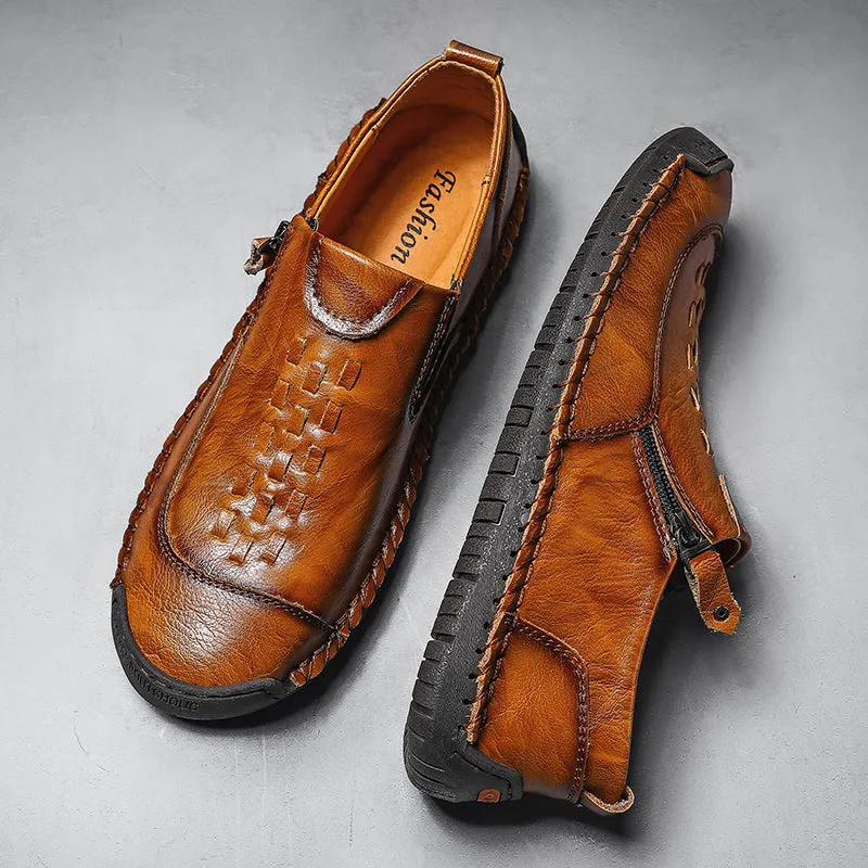 Mens Leather Comfortable Shoes Hand Stitching Zipper Non-Slip Casual Shoes Loafer Boat Sneaker