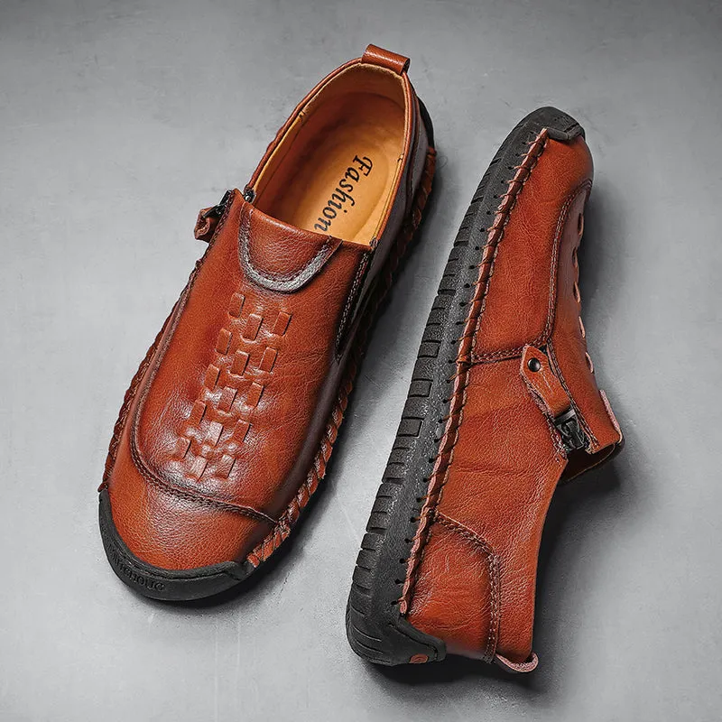 Mens Leather Comfortable Shoes Hand Stitching Zipper Non-Slip Casual Shoes Loafer Boat Sneaker