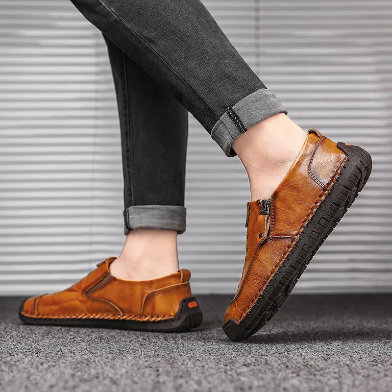 Mens Leather Comfortable Shoes Hand Stitching Zipper Non-Slip Casual Shoes Loafer Boat Sneaker