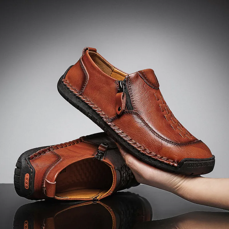 Mens Leather Comfortable Shoes Hand Stitching Zipper Non-Slip Casual Shoes Loafer Boat Sneaker
