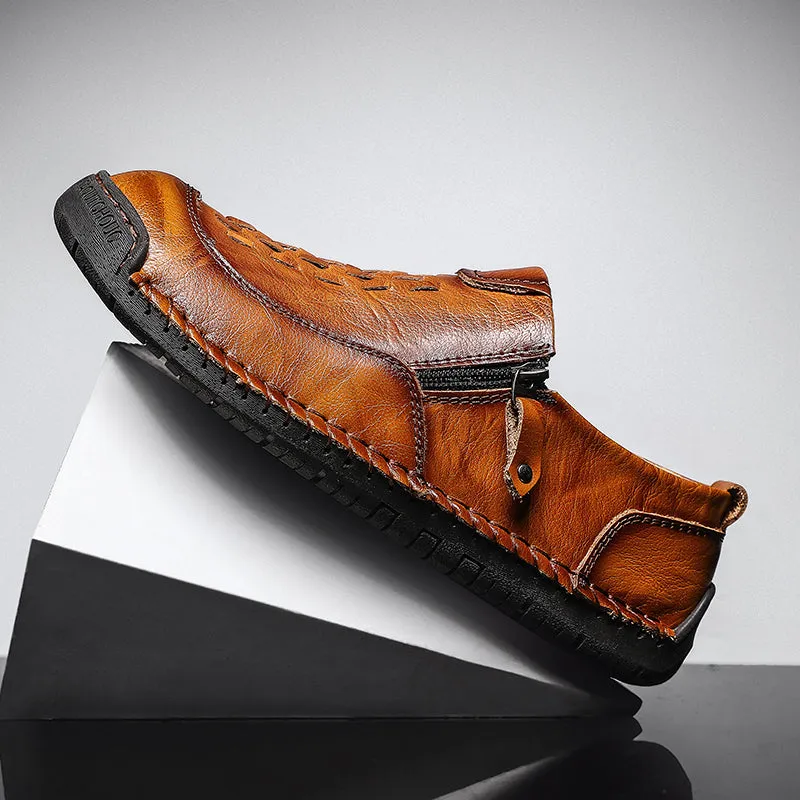 Mens Leather Comfortable Shoes Hand Stitching Zipper Non-Slip Casual Shoes Loafer Boat Sneaker