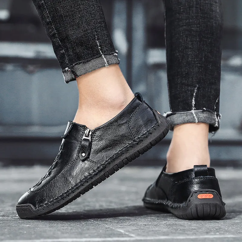 Mens Leather Comfortable Shoes Hand Stitching Zipper Non-Slip Casual Shoes Loafer Boat Sneaker