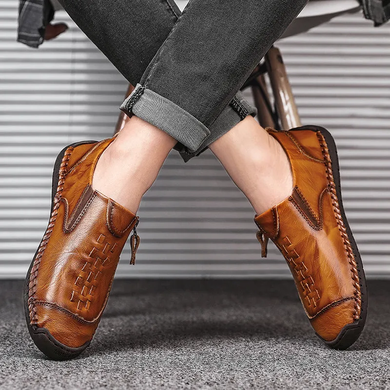 Mens Leather Comfortable Shoes Hand Stitching Zipper Non-Slip Casual Shoes Loafer Boat Sneaker