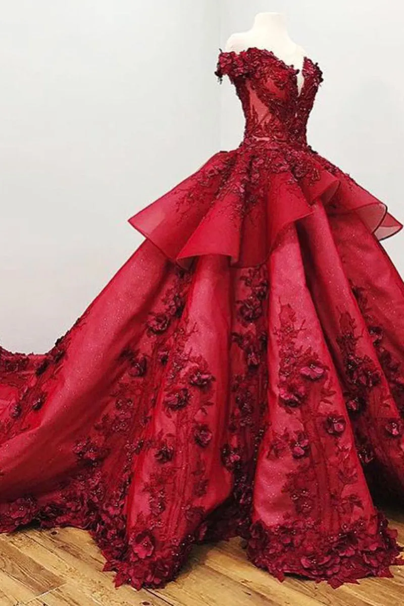 Pretty Off The Shoulder Ball Gown Floral Appliques Beaded Prom Dresses