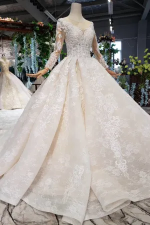 Princess Long Sleeves Sheer Neck Ball Gown Lace Wedding Dress Long Bridal Dress N1931