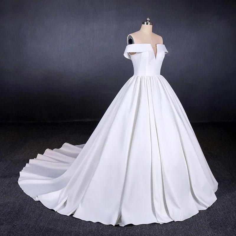 Puffy Off the Shoulder Satin Wedding Dress, Ball Gown Long Bridal Dress With Long Train N2286