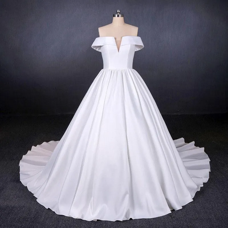 Puffy Off the Shoulder Satin Wedding Dress, Ball Gown Long Bridal Dress With Long Train N2286