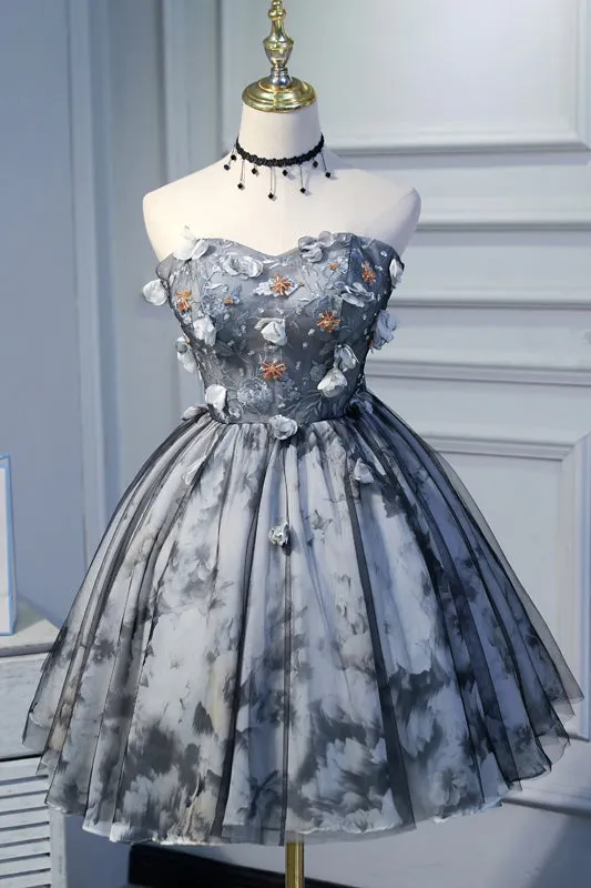 Puffy Strapless Cocktail Dresses Short Homecoming Dresses with Flowers