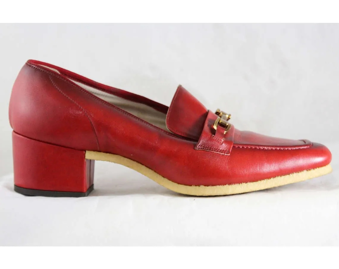 Size 7 1960s Shoes - Unworn Crimson Red Leather Loafers - 60s Shoes - Nice Quality - Hipster 60s Office Pumps - 60's Deadstock - 46992-1
