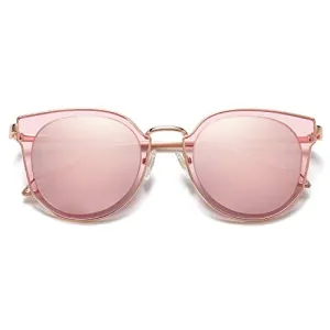 SOJOS Fashion Round Polarized Sunglasses for Women UV400 Mirrored Lens SJ1057 with Rose Gold Frame/Pink Mirrored Lens