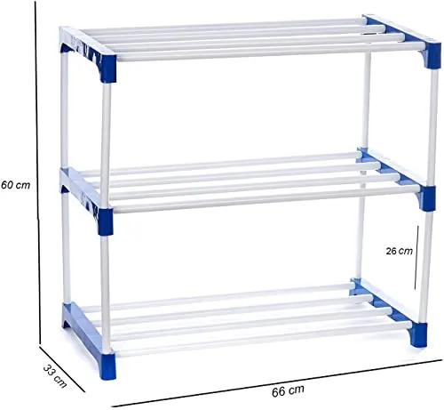STRONGER STORE Multipurpose portable Plastic rack shoes/books/clothes/toys etc easy to assemble (Plastic 3 shelf Blue)