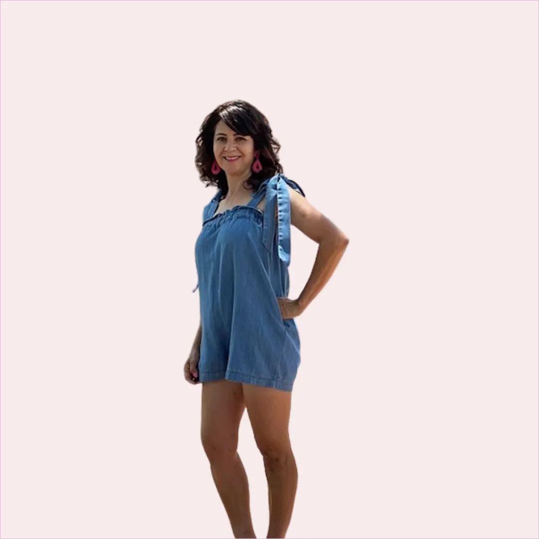 Tie shoulder denim romper