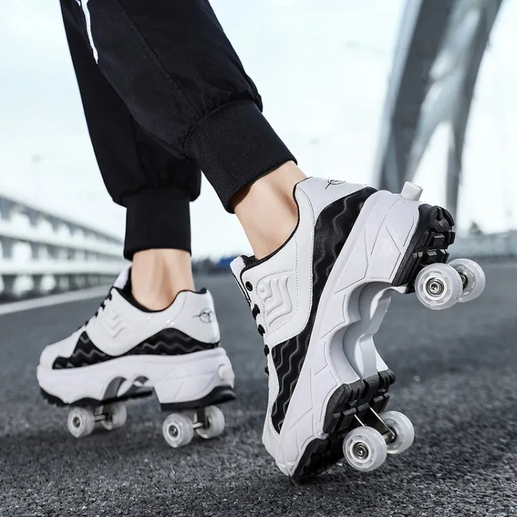 With Brakes Deformable Four-wheel Retractable Double-row Dual-purpose Roller Skates, Size: 37(DF08 White)