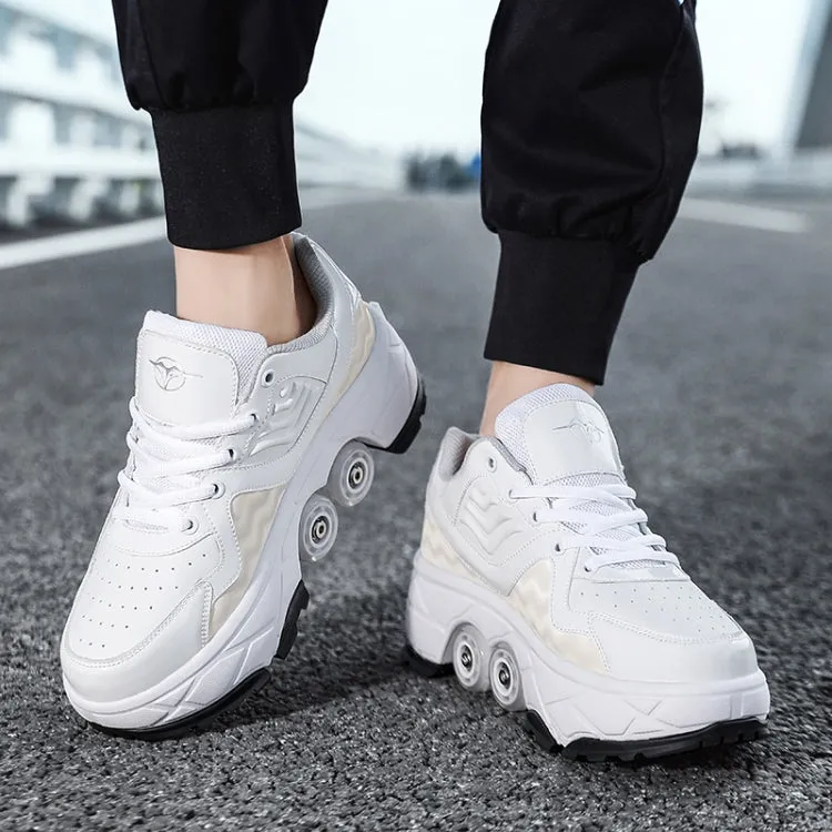 With Brakes Deformable Four-wheel Retractable Double-row Dual-purpose Roller Skates, Size: 37(DF08 White)