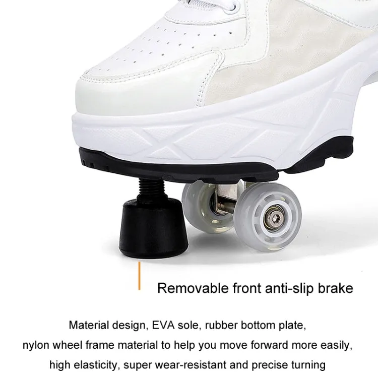 With Brakes Deformable Four-wheel Retractable Double-row Dual-purpose Roller Skates, Size: 37(DF08 White)
