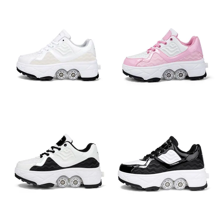 With Brakes Deformable Four-wheel Retractable Double-row Dual-purpose Roller Skates, Size: 37(DF08 White)