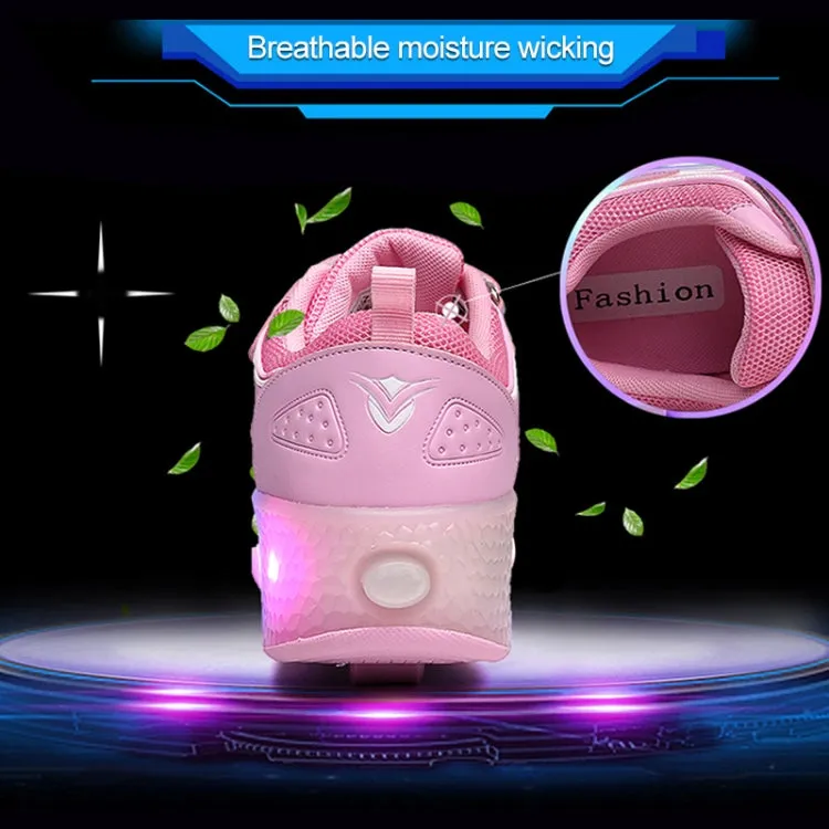 WS01 LED Light Ultra Light Mesh Surface Rechargeable Double Wheel Roller Skating Shoes Sport Shoes, Size : 30(Pink)