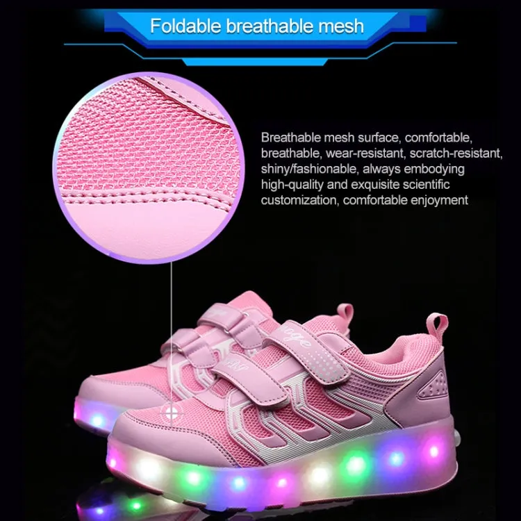 WS01 LED Light Ultra Light Mesh Surface Rechargeable Double Wheel Roller Skating Shoes Sport Shoes, Size : 30(Pink)