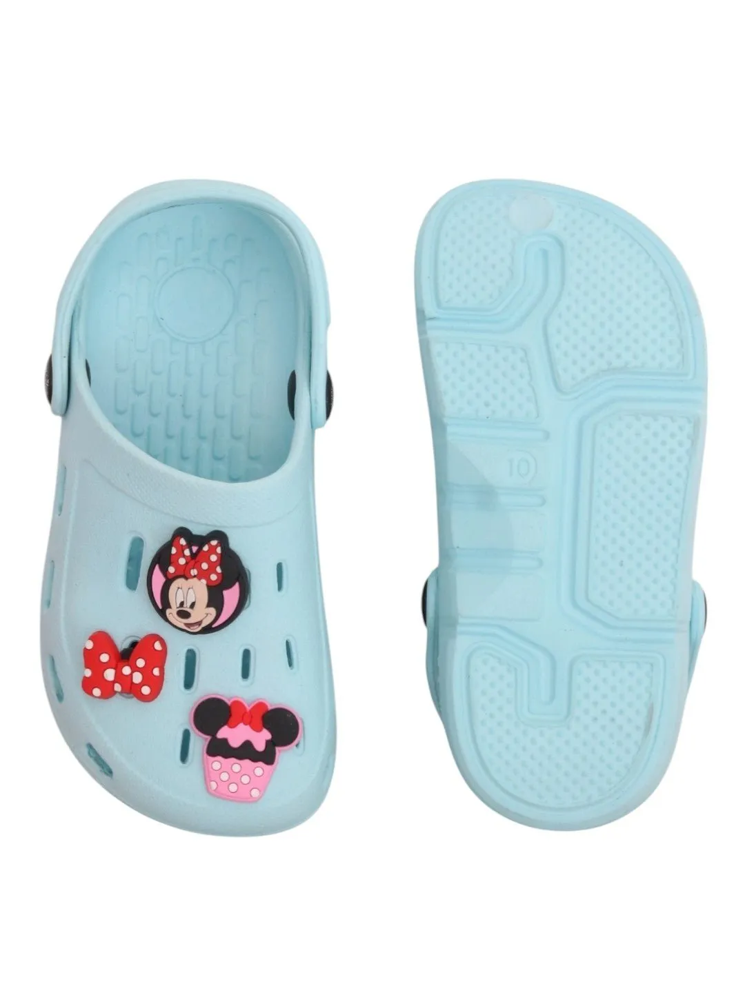 Yellow Bee Girls’ Disney Minnie Mouse Clogs with Bow & Cupcake Charms – Light Blue