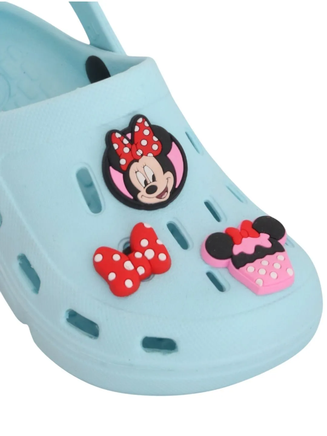 Yellow Bee Girls’ Disney Minnie Mouse Clogs with Bow & Cupcake Charms – Light Blue