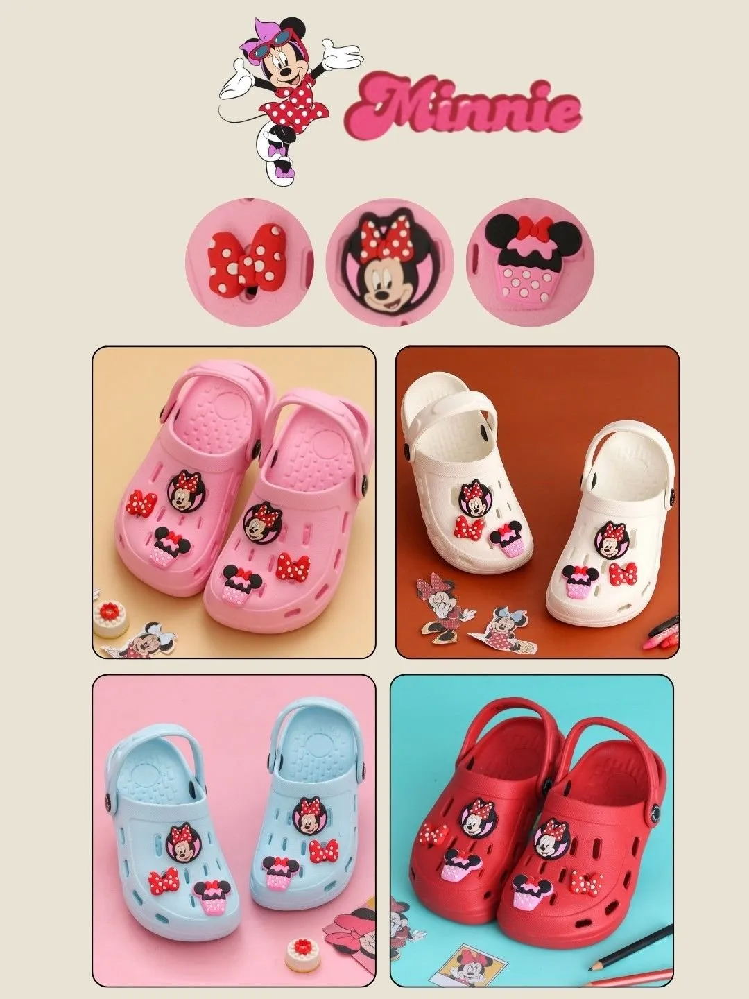 Yellow Bee Girls’ Disney Minnie Mouse Clogs with Bow & Cupcake Charms – Light Blue