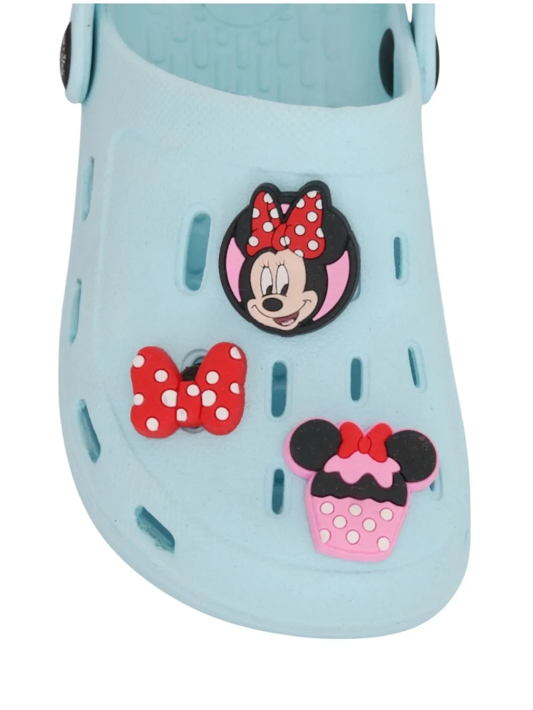 Yellow Bee Girls’ Disney Minnie Mouse Clogs with Bow & Cupcake Charms – Light Blue
